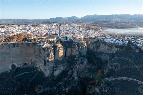 Bullring of the Royal Cavalry of Ronda aerial view at sunrise in Spain ...