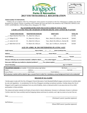 Fillable Online Parksandrec Kingsporttn Youth Baseball