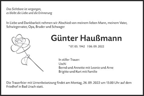 Traueranzeigen von Günter Haußmann Südwest Presse Trauer