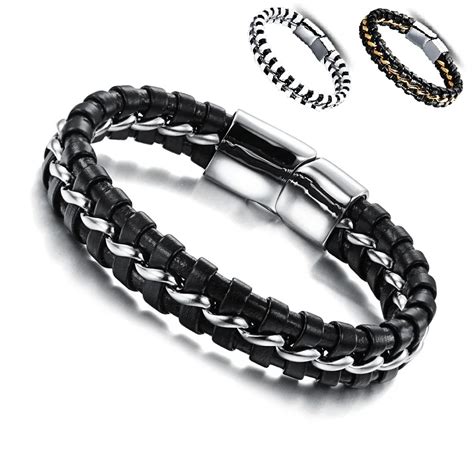 Men S Fashion Bracelet Bangle Cuff Black White Gold L Stainless