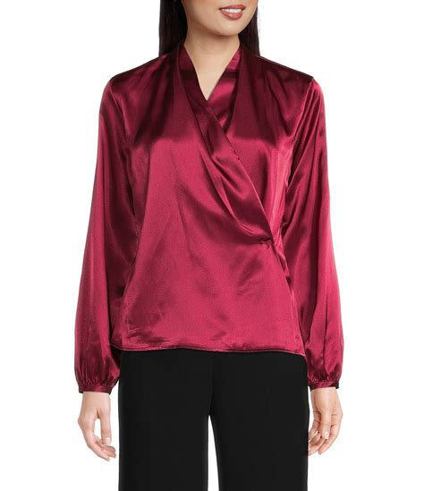 Calvin Klein Satin Surplice V Neck Long Blouson Sleeve Cross Blouse