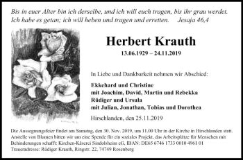 Traueranzeigen Von Herbert Krauth Trauerportal Ihrer Tageszeitung