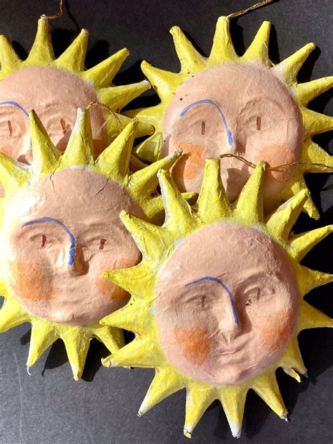 4 Piece Set Paper Mache Sun Ornament Mid Century Mod Celestial Retro