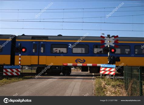 Blue Yellow Koploper Intercity Train Railroad Crossing Moordrecht Netherlands Stock Editorial