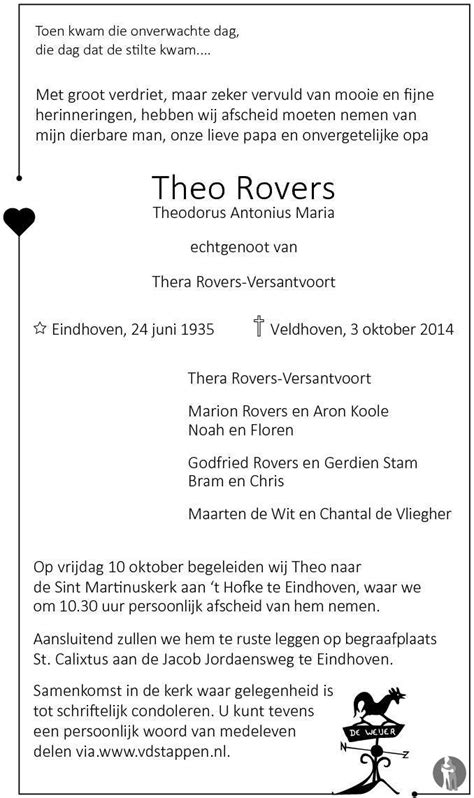 Theodorus Antonius Maria Theo Rovers Overlijdensbericht En