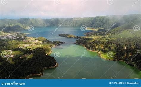 Lagoa Verde And Lagoa Azul Lakes In Sete Cidades Volcanic Craters On