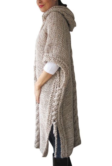 Plus Size Maxi Knitting Poncho With Hoodie Over Size Tweed Beige Cable Knit By Afra Etsy