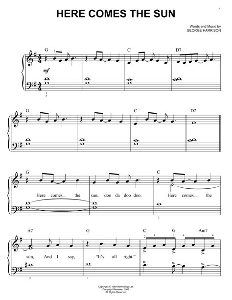 Here Comes The Sun By The Beatles Sheet Music For Easy Piano At Sheet Music Direct