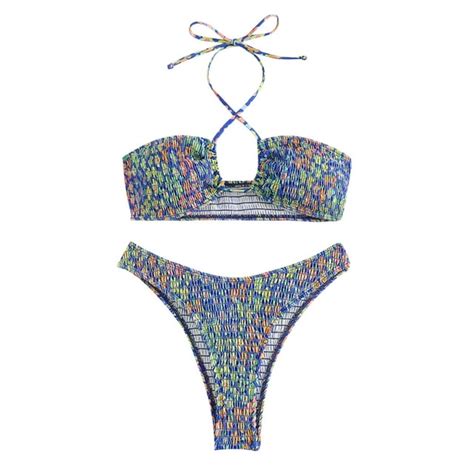 Buigttklop Womens Triangle Bikini String Swimsuit Print Tie Smocked