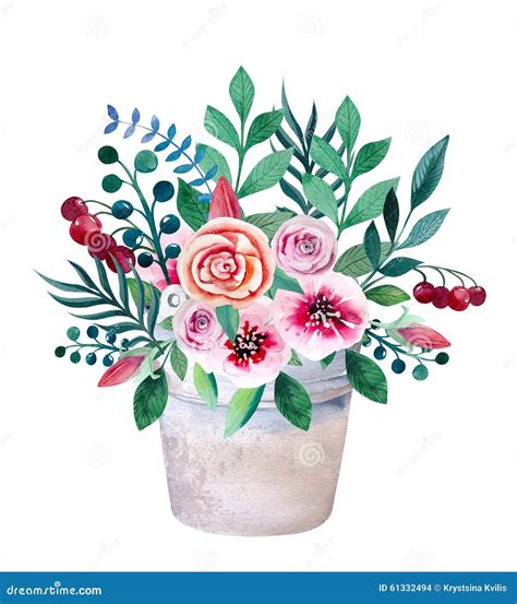 Bouquets D Aquarelle Des Fleurs Dans Le Pot Rustique Illustration Stock