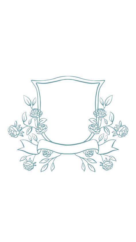 A Blue And White Drawing Of A Shield With Flowers On The Bottom