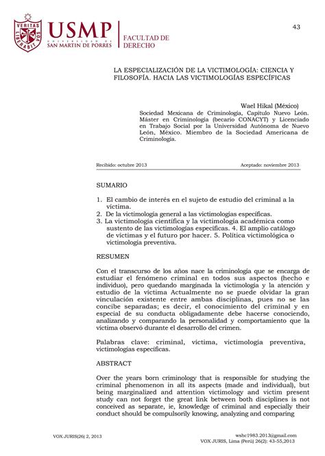 La Especializaci N De La Victimolog A Ciencia Y Filosof A Hac A Las