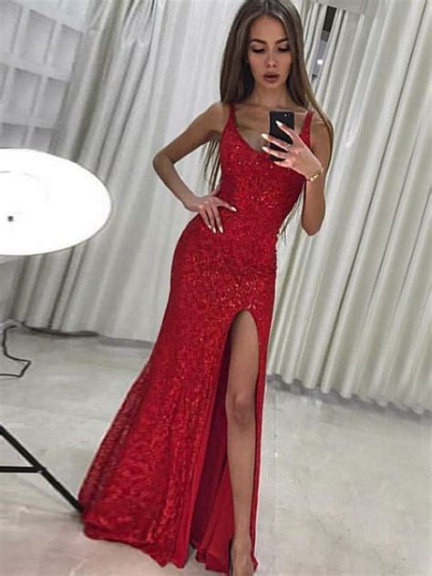 Lang Eng Anliegende Rot Pailletten Ballkleid Mit Schlitz Red Lace