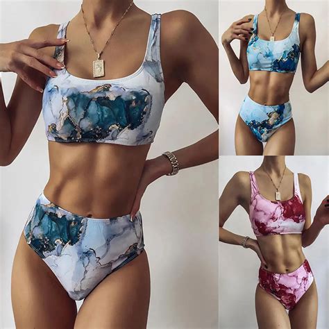 Neue Print Sport Bandeau Push Up Bikinis Sexy Marmor Frauen Badeanzug