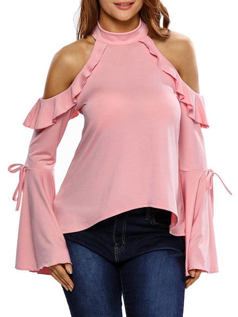 Bell Sleeve Cold Shoulder Ruffles T Shirt Black Pink Pink Blouse