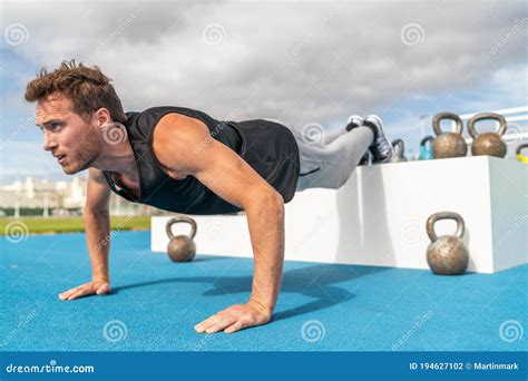 Decline Push Up Fitness Man Doing Strength Training Exercise Pushup At