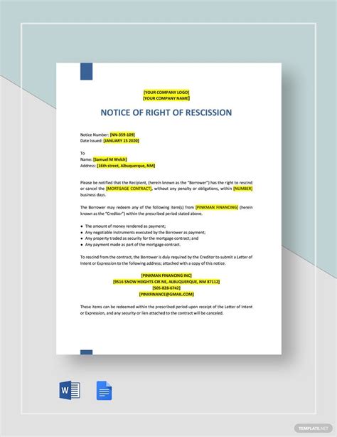 Notice of Right of Rescission Template in Google Docs, Word - Download | Template.net