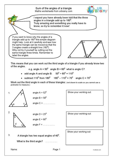 Sum Of The Angles Of A Triangle Geometry Shape For Year 5 Age Worksheets Library