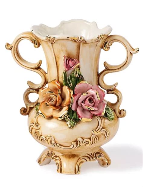 Vase Avec Poign Es Et Fleurs Porcelaine Italienne Capodimonte Or Peint