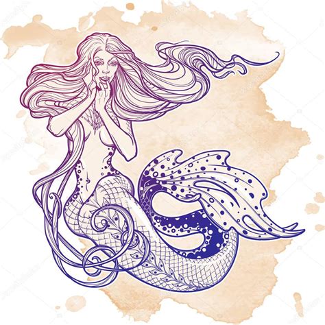 Hermosa Sirena Chica Sentada A Mano Dibujada Obras De Arte Sirena Marina Sensual Y Peligrosa En