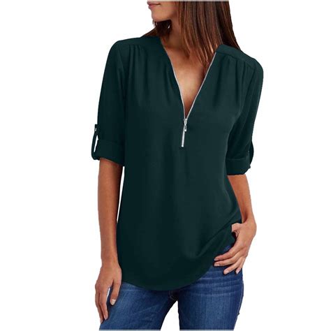 Chiccall Plus Size Tops For Women Casual Solid Color V Neck Long