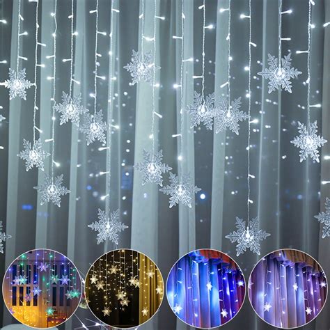 Meaddhome Outdoor Christmas Big Snowflake Led Curtain String Lights Memory 8 Modes Flashing