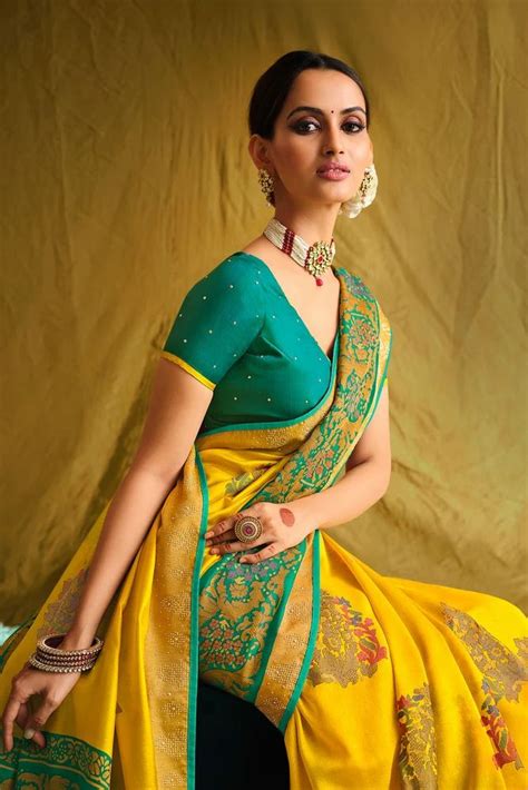 Admyrin Yellow Turquoise Brasso Stone Work Designer Party Wear Saree