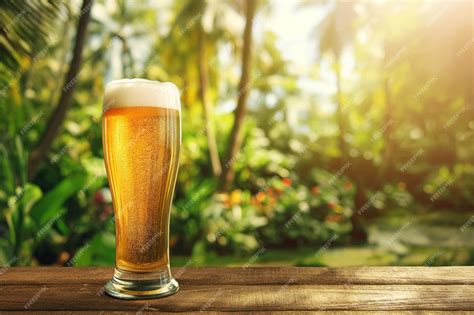 Premium Photo Light Beer In A Glass On A Wooden Table Against A Background Of Tropical Trees