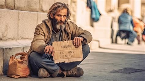 Poor Beggar On A Street Premium AI Generated Image