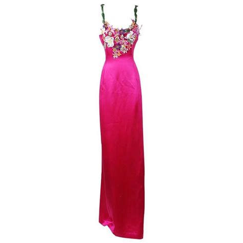 Todd Oldham Fuchsia Silk Gown With Beaded Floral Neckline Spring 1998