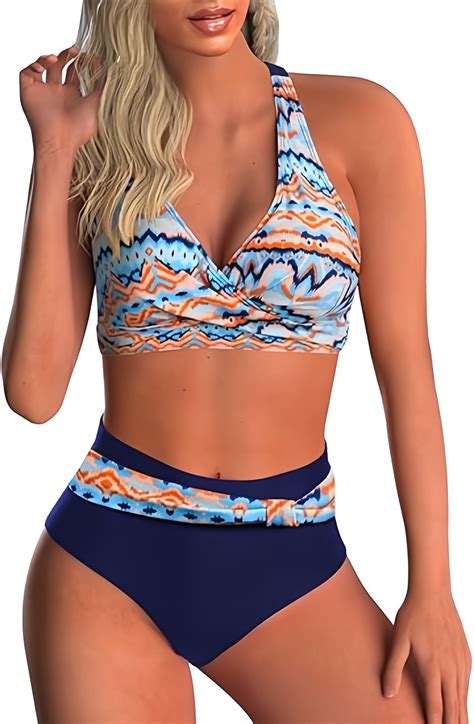 Bksdueh Womens Two Piece Swimsuits Wrap Front Bikini High Waisted Bottom Tummy Control Bathing