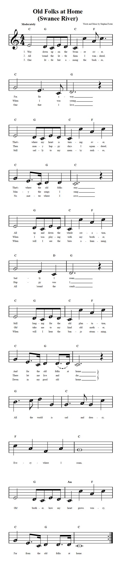 Old Folks at Home: Beginner Sheet Music with Chords and Lyrics