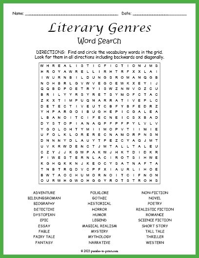 Literary Genres Word Search