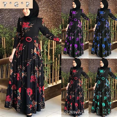 Dress Muslimah Fashion Jubah Floral Dress Flower Pattern Belt Long