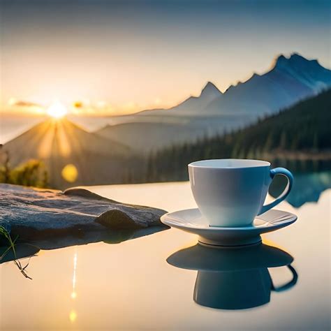 Premium AI Image A Cup Of Hot Coffee On A Table Overlooking A Beautiful View Of The River And