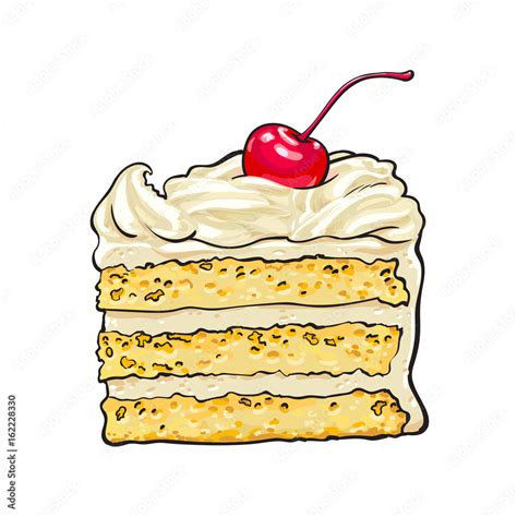 Hand Drawn Piece Of Classic Layered Cake With Vanilla Cream And Cherry