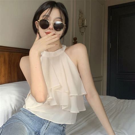 Women S Camisole Fashion Sexy Ruffle Solid Color Korean Style Halter