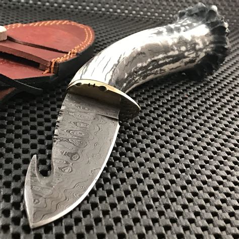 Handmade Damascus Steel Deer Antler Gut Hook Skinning Knife