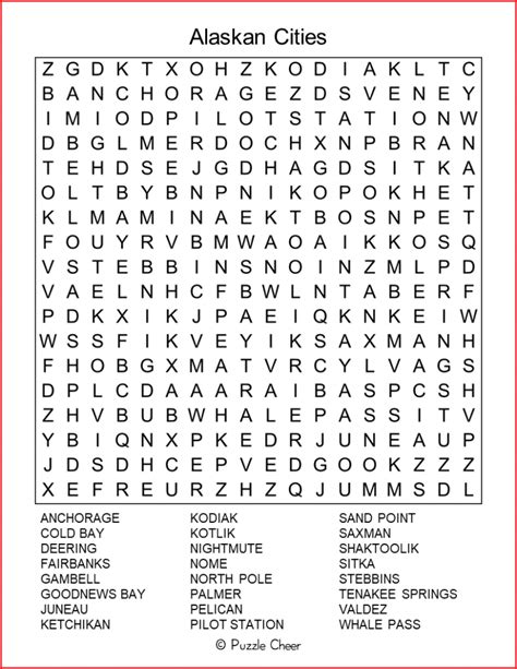 Alaskan Cities Word Search Puzzle Cheer