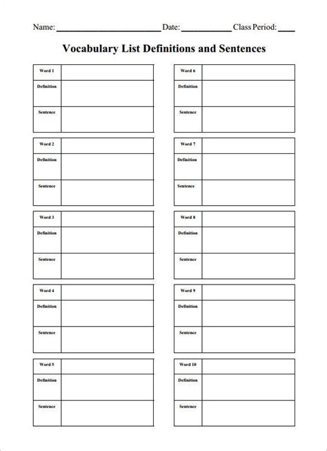 11 Blank Vocabulary Worksheet Templates Word Pdf Vocabulary Word