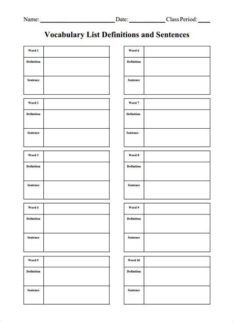 12 Blank Vocabulary Worksheet Templates Word PDF Vocabulary Word