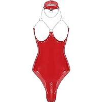 Freebily Damen Wetlook Ouvert Body Brustfrei Bodysuit Lack Leder