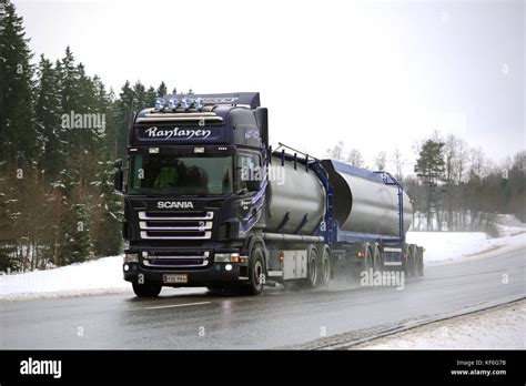 SALO FINLAND FEBRUARY 14 2016 Purple Scania R500 Tank Truck On The