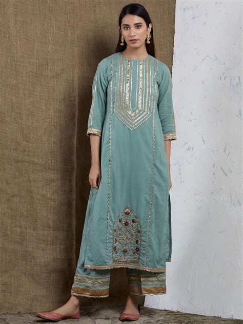 Buy Blue Hand Embroidered Cotton Gota Kurta With Palazzo And Yellow