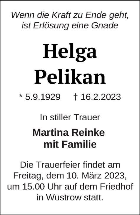 Traueranzeigen Von Helga Pelikan Trauer Nordkurier