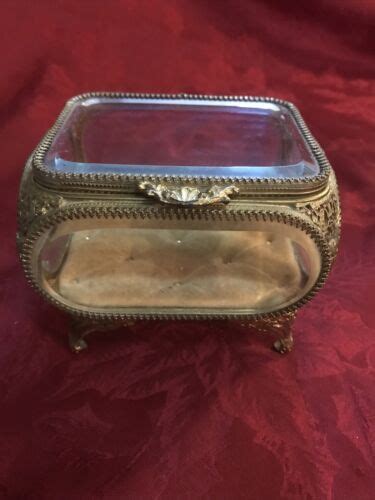 Vintage Jewelry Casket Trinket Box Ormolu Gold Filigree Beveled Glass Vitrine Ebay