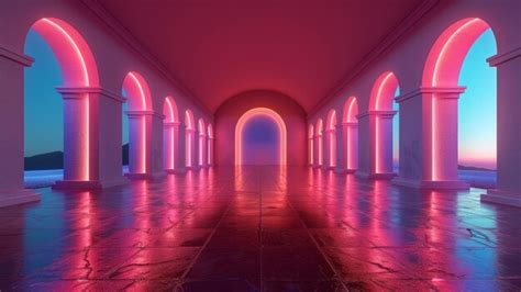 Futuristic Neonlit Hallway With Arched Design Premium Ai Generated Image