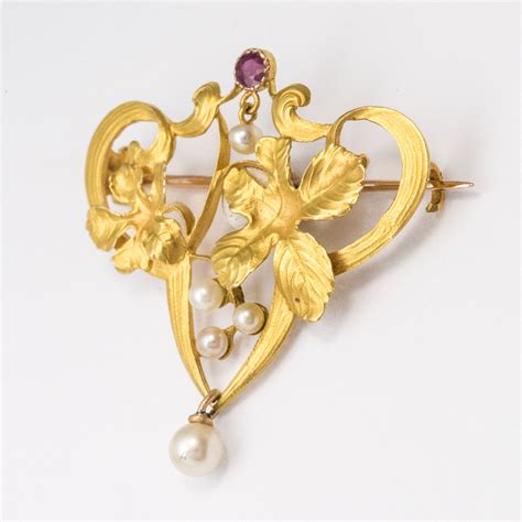 Broche Art Nouveau Rubis Perles Bijoux Anciens Or Jaune Bijouxbaume