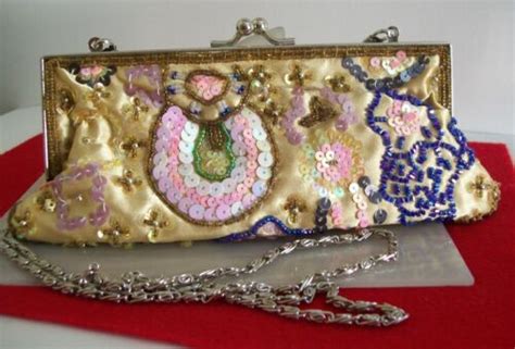 Bijoux Terner Gold Satin Blend Sequin Seed Bead Evening Bag Purse Pink