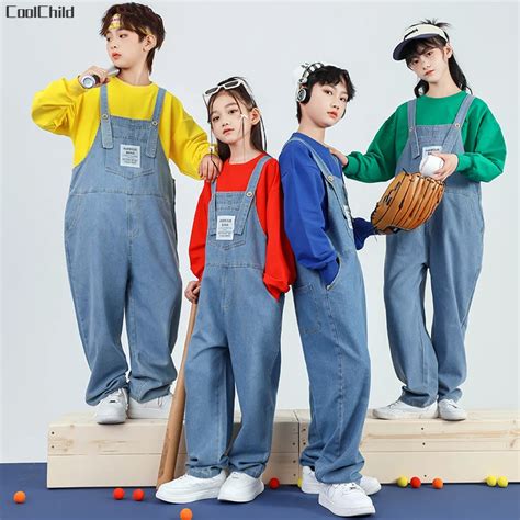 Boys Hip Hop Solid Sweatshirt Denim Loose Overalls Girls Crop Top Kids